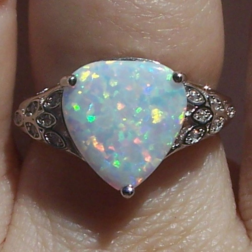 925 STERLING SILVER Lab Created White Fire Opal & CZ Ring - Picture 4 of 16